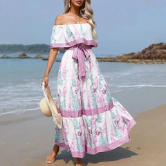 LIZAKOSHT  -  Spring And Summer New Women Clothing Party Dresses Off The Shoulder Fashion Printed Beach Vacation A-Line Long Dresses