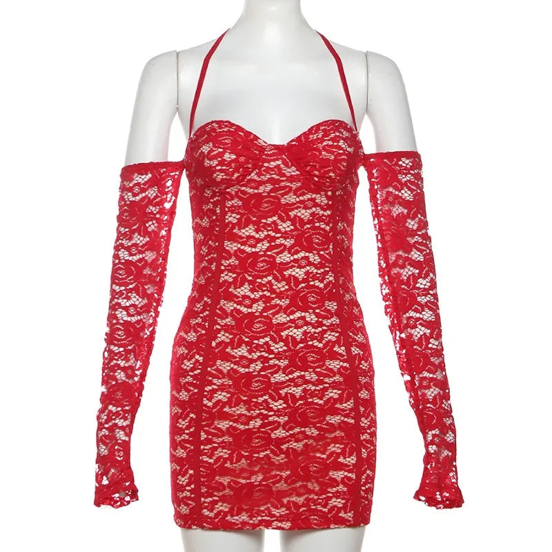 LIZAKOSHT  -  Women Sexy Red See Through Mini Lace Dress Strapless Off Shoulder Long Sleeve Lace Up Halter Backless Birthday Club Party Outfit