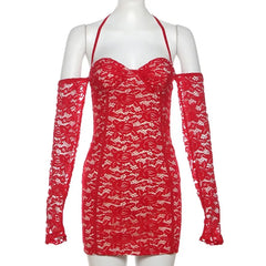 LIZAKOSHT  -  Women Sexy Red See Through Mini Lace Dress Strapless Off Shoulder Long Sleeve Lace Up Halter Backless Birthday Club Party Outfit