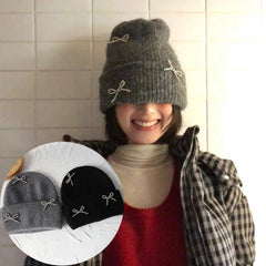 Lizakosht New Angora Rabbit Fur Bow Winter Hat for Women Knitted Fluffy Beanie Ladies Fashion Warm Plush Skull Womens Thick Fleece Hat y2k