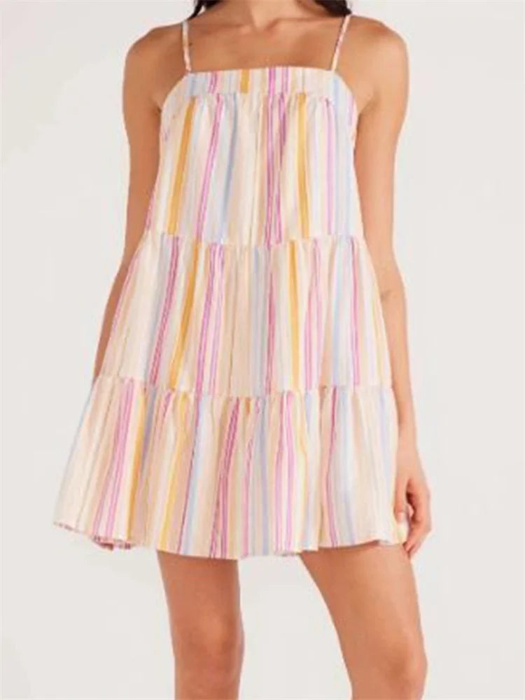 LIZAKOSHT  -  Women Summer Sleeveless Tie-up Strap Mini Dress Casual Striped Print A-Line Party Dress for Beach Vestidos Streetwear