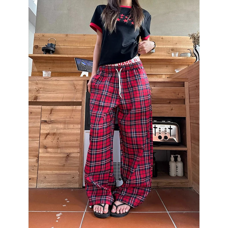 LIZAKOSHT  -  Women High Waist Y2k Loose Straight Leg Pants Lady Korean Harajuku Baggy Wide Leg Trousers Female Casual Grunge  Plaid Slacks