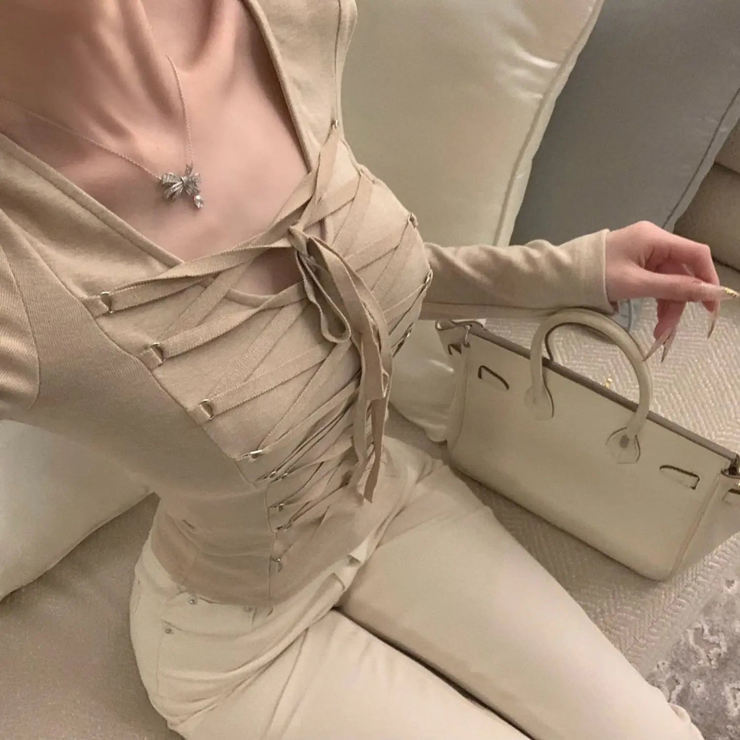 LIZAKOSHT  -  Autumn Winter T-Shirt Top Ins Pure Lust Style New Hot Girl Strap Short Style Slimming Design Tight Long Sleeves