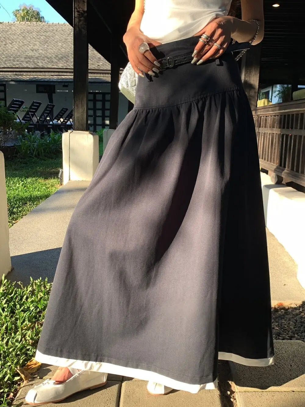 LIZAKOSHT  -  Design Sense Splicing Contrasting Color A-line Skirt Elegant High Waist Slimming Long Skirt