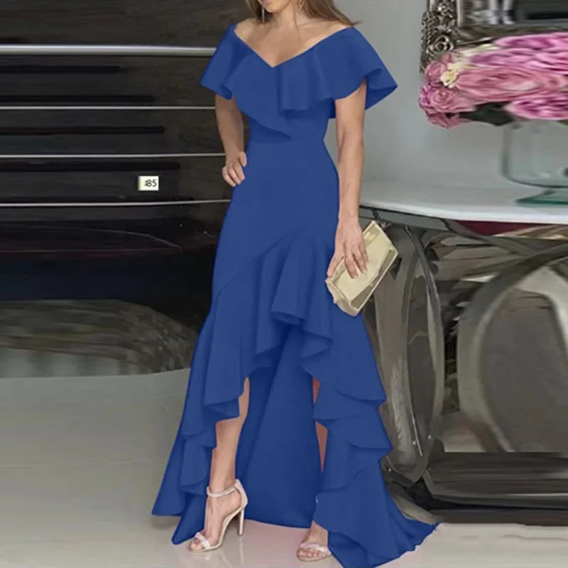 LIZAKOSHT  -  Sexy V-neck Irregular Hem Pure Color Women's Dress Bell Sleeve Ankle-length Regular Waist Design Floral Lace Edge Dress
