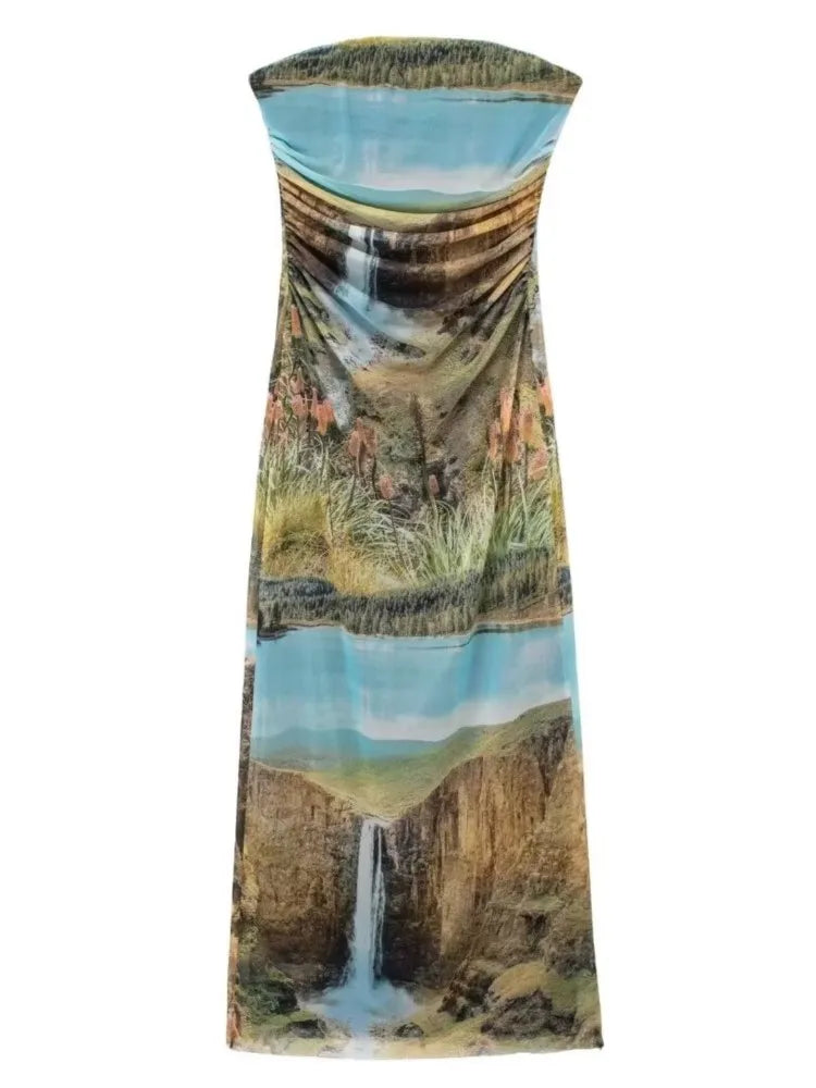Lizakosht Women Summer Print Tulle Strapless Midi Dress Sexy Backless Sleeveless Bodycon Dresses Chic Chest Wrapping Pleated Beach Vestido
