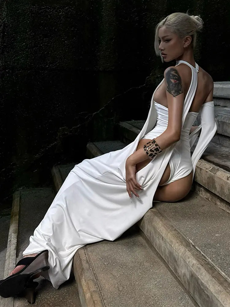 LIZAKOSHT  -  New Solid Halter Dresses for Women Sexy Bodycon Jumpsuit Hollow Out Long Robes Fashion Female Evening Party Outfits Street