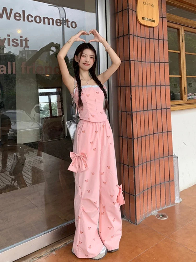 LIZAKOSHT  -  Sweet Spice Girl Bear Bow Suit Women Summer Pink Vest Sling+High Waist Elasticity Casual Workwear Wide Leg Trousers 2-Piece Set