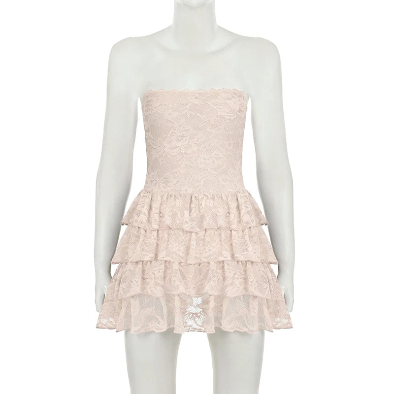 LIZAKOSHT  -  Sexy Strapless Lace Tiered Dress For Women Elegant Party Club Mini Dress Y2k Aesthetic Sleeveless Dress Summer Clothes