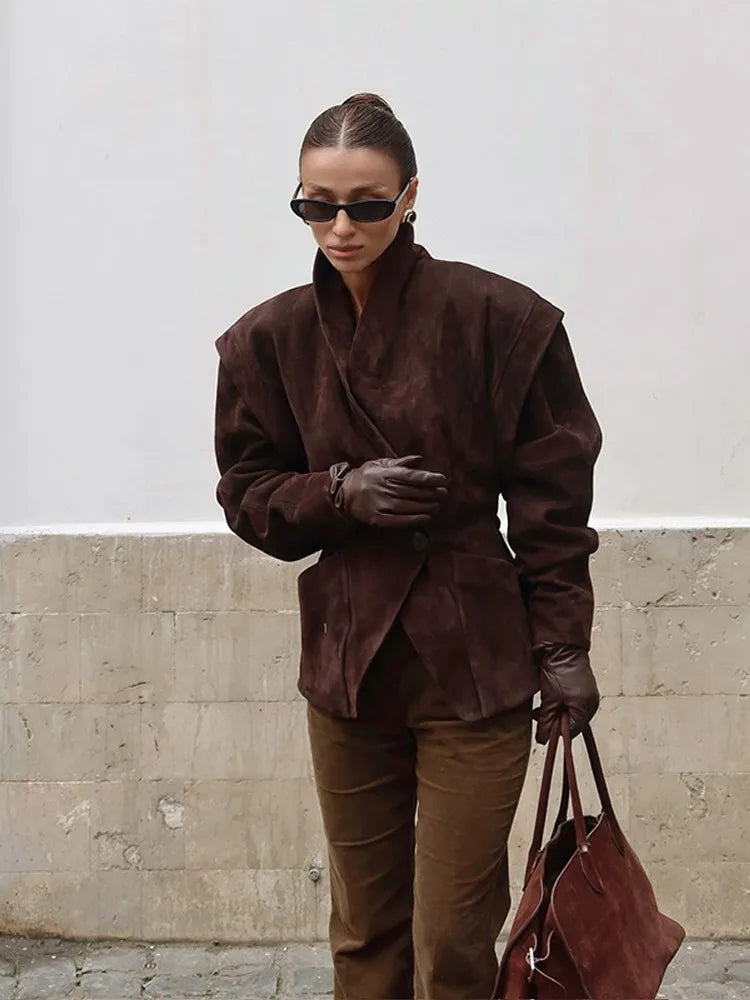 LIZAKOSHT  -  Retro Brown Lace Up Shorts Suede Jacket Elegant Female Lapel Long Sleeves Slim Coats Autumn Chic Lady High Street Outwear