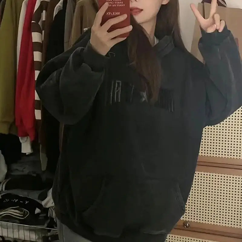 LIZAKOSHT  -  Harajuku Hoodie Women Streetwear Vintage Star Embroidery Y2k Tops Casual Hooded Korean Oversized Sweatshirt Clothes for Teens