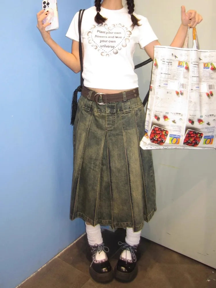 LIZAKOSHT  -  Women 2000s Harajuku Fashion Jean Midi Skirt Denim  Pleated A-line Skirts Dark Academia Y2k Preppy Japanese Grunge Gyaru New