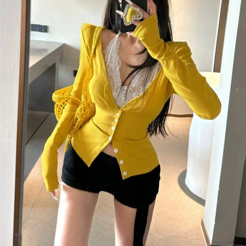LIZAKOSHT  -  Summer New Lace Neck Hanging V-neck Base Shirt Sexy Long Sleeved T-shirt for Spicy Women Neck Hanging Slim Fit Top