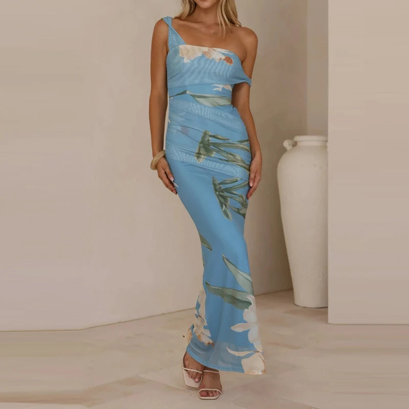 LIZAKOSHT  -  Pattern printed women's temperament slim fit dress casual vacation elegant off shoulder fashion party long dress