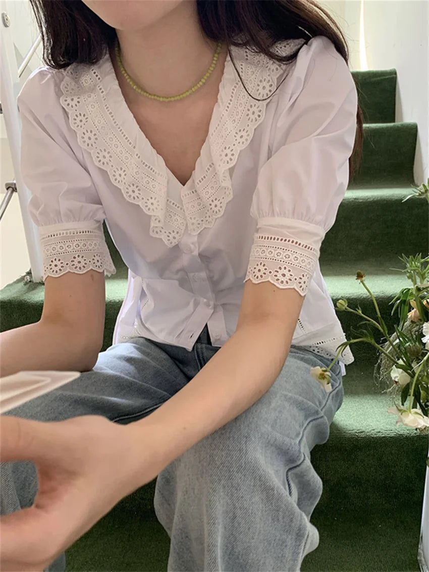LIZAKOSHT  -  Stylish New Shirts Women Lace Patchwork V-Neck Elegant Slim 2024 Casual Summer Short Sleeve Sweet Gentle Daily