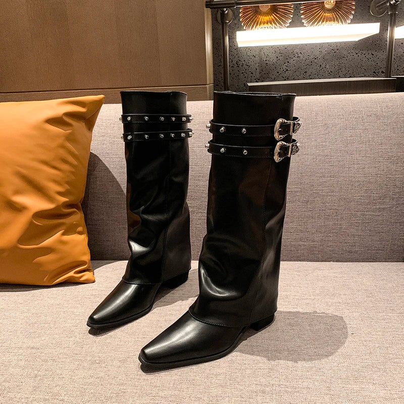 LIZAKOSHT  -  Designer Rivet Woman Knight Boots Shoes Ladies Elegant Thick Heel Trouser Legs Long Botas Autumn Winter Women's Booties