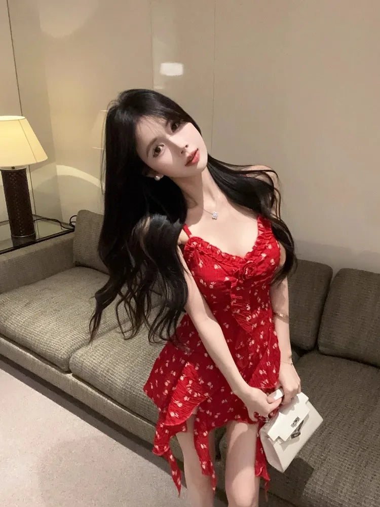 LIZAKOSHT  -  Camis Sexy Floral Printed Irregular Ruffles Slim Patchwork Flowers Vintage Summer Fashion Sweet Tank Tops Ladies Casual