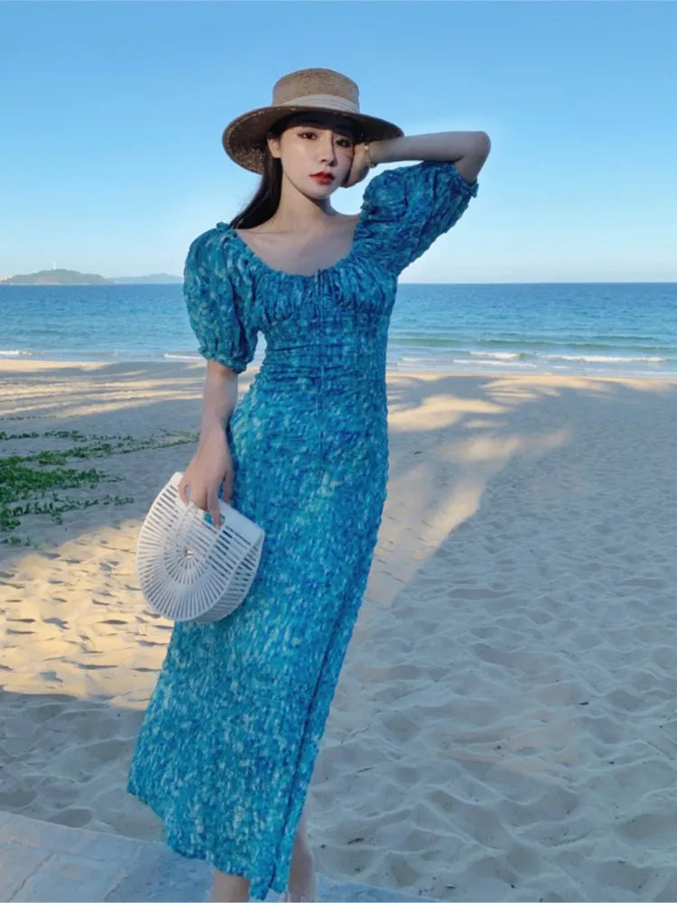 LIZAKOSHT  -  Elegant Holiday Puff Sleeve Long Dress Blue Print Off Dress For Women Sexy Korean High Waist Beach Vestido