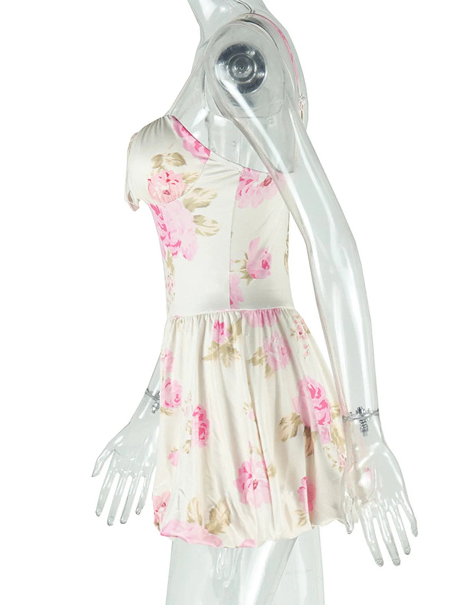 LIZAKOSHT  -  Hit Color Printing Tunic Dresses for Women Square Collar Sleeveless High Waist Elegant Sweet Dress Female Fashion Style New