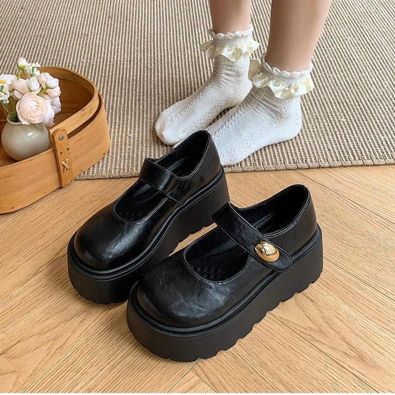 LIZAKOSHT  -  Autumn Vintage Platform Women Mary Jane Shoes  Fashion Outdoor Stripper Shoes Ladies Thick High Heels jk Leather Pumps
