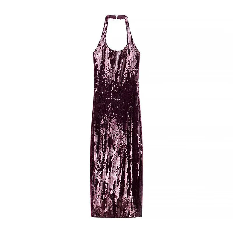 LIZAKOSHT  -  Halter Sequin Dress Party Dresses Sexy Backless Slim Fit Fashion Elegant Hanging Neck Women Beach Dress Socialite Evening Robes
