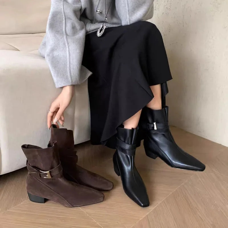 LIZAKOSHT  -  Women Elegant Fashion Ankle Boots Winter Goth Woman Shoes New Mid Heels Slip on Chelsea Designer Brand Zapatos De Mujer