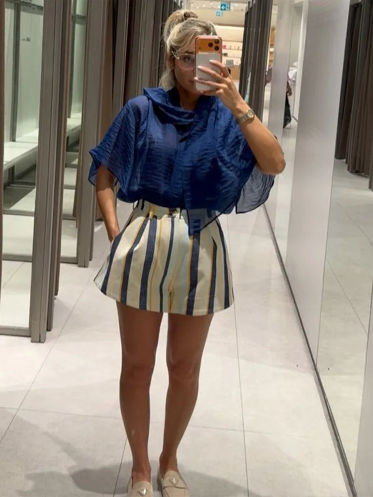 LIZAKOSHT  -  Striped Pleated Casual Bottom Adjustable Waist  A-Line Spring Summer Chic Seaside Shopping Casual Work Women Retro Outfit