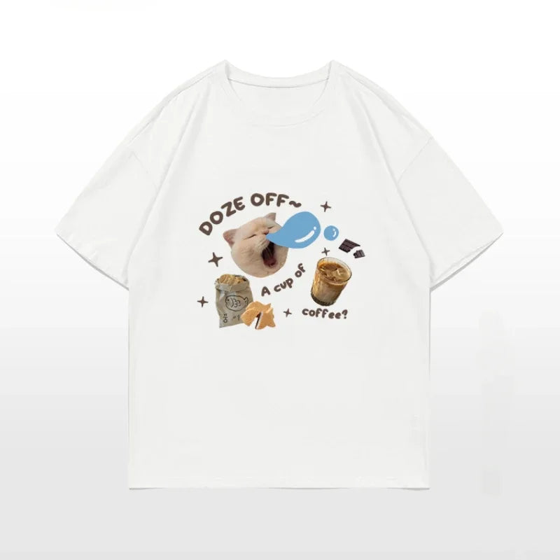 LIZAKOSHT  -  Korean Kawaii Cat Print T Shirt Women Oversized Streetwear Graphic Tees Y2k Kitten Cute Funny T-shirts Harajuku Female Clothing