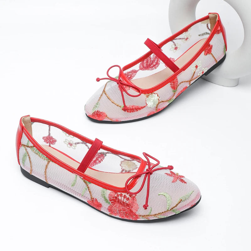 LIZAKOSHT  -  Embroidery Mesh Round Toe Flat Mary Jane Shoes Women Comfort Non-slip Leisure Brand Shallow Sizes 35-43 Soft Sole Ballet Shoes