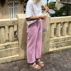 LIZAKOSHT  -  Plaid Long Pants Women Y2k Wide Leg Drawstring Striped Lounge Pants Gingham Plaid High Waist Pajama Trousers
