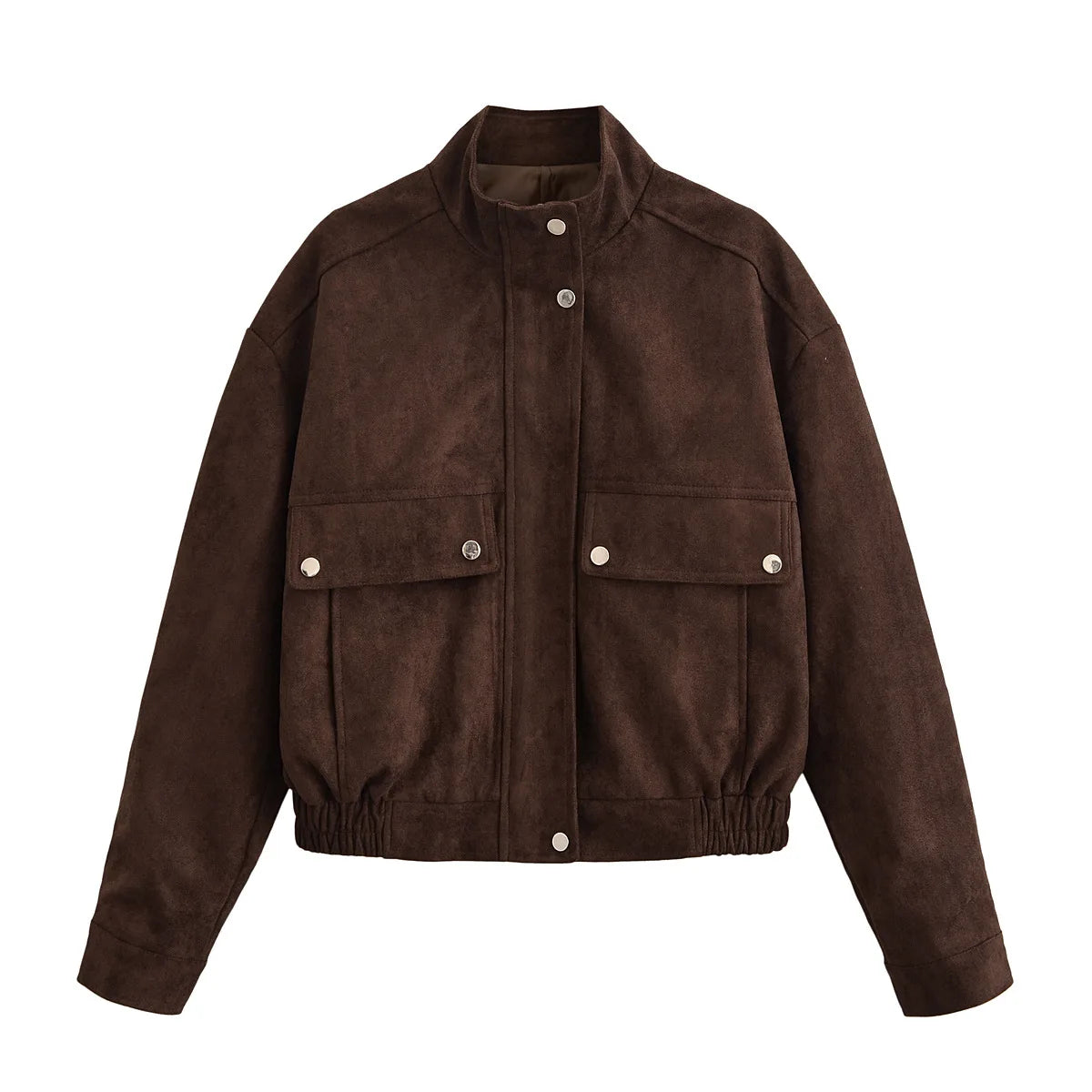 LIZAKOSHT  -  Vintage Suede Bomber Jacket For Women Brown Short Coat High Collar Long Sleeves With Pockets Overcoat New Autumn Winter