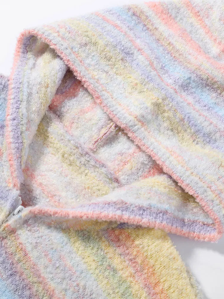 LIZAKOSHT  -  Knitted Rainbow Sweater Woman Hooded Cardigan Colorful Loose Knitwear Long Sleeve Jacket Zipper Coats Autumn Winter Outerwears