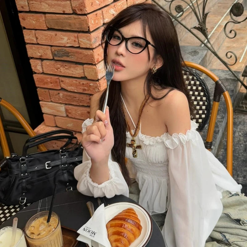 LIZAKOSHT  -  Off Shoulder Ruffles Sexy Lantern Long Sleeve Halter Backless Fashion All-match Crop Tops Y2K Summer Streetwear Blouses