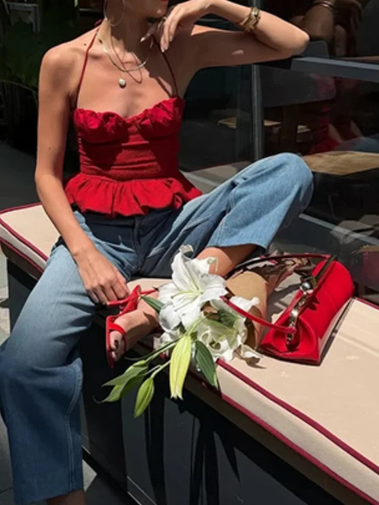 LIZAKOSHT  -  Red Halter Backless Ruffle Crop Top Women Ruched Bust Frill Hem Slim Fit Summer Casual Y2K Sleeveless Camisole for Beach Date