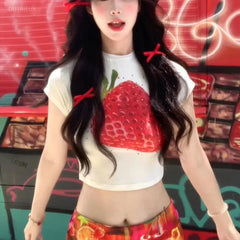 LIZAKOSHT  -  Sweet Summer All Match Commuter O Neck Short Sleeve Shirts Cute Fruit Print Harajuku Streetwear Girl Clothing Y2k Aesthetic Tops
