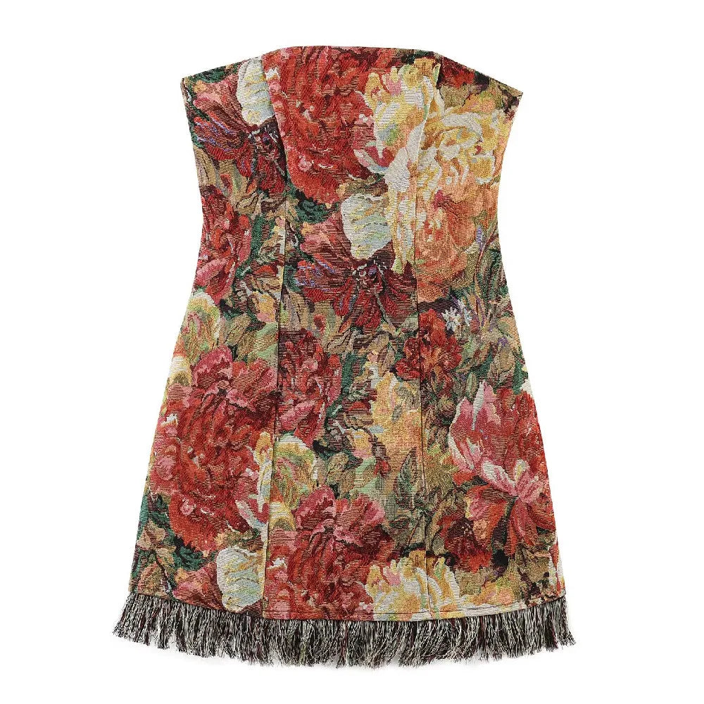 LIZAKOSHT  -  Sexy Floral Jacquard Weave Strapless Dress Women Side Zipper Slim Waist Package hips Hem Tassel Short Dresses Party Robe Vestiod