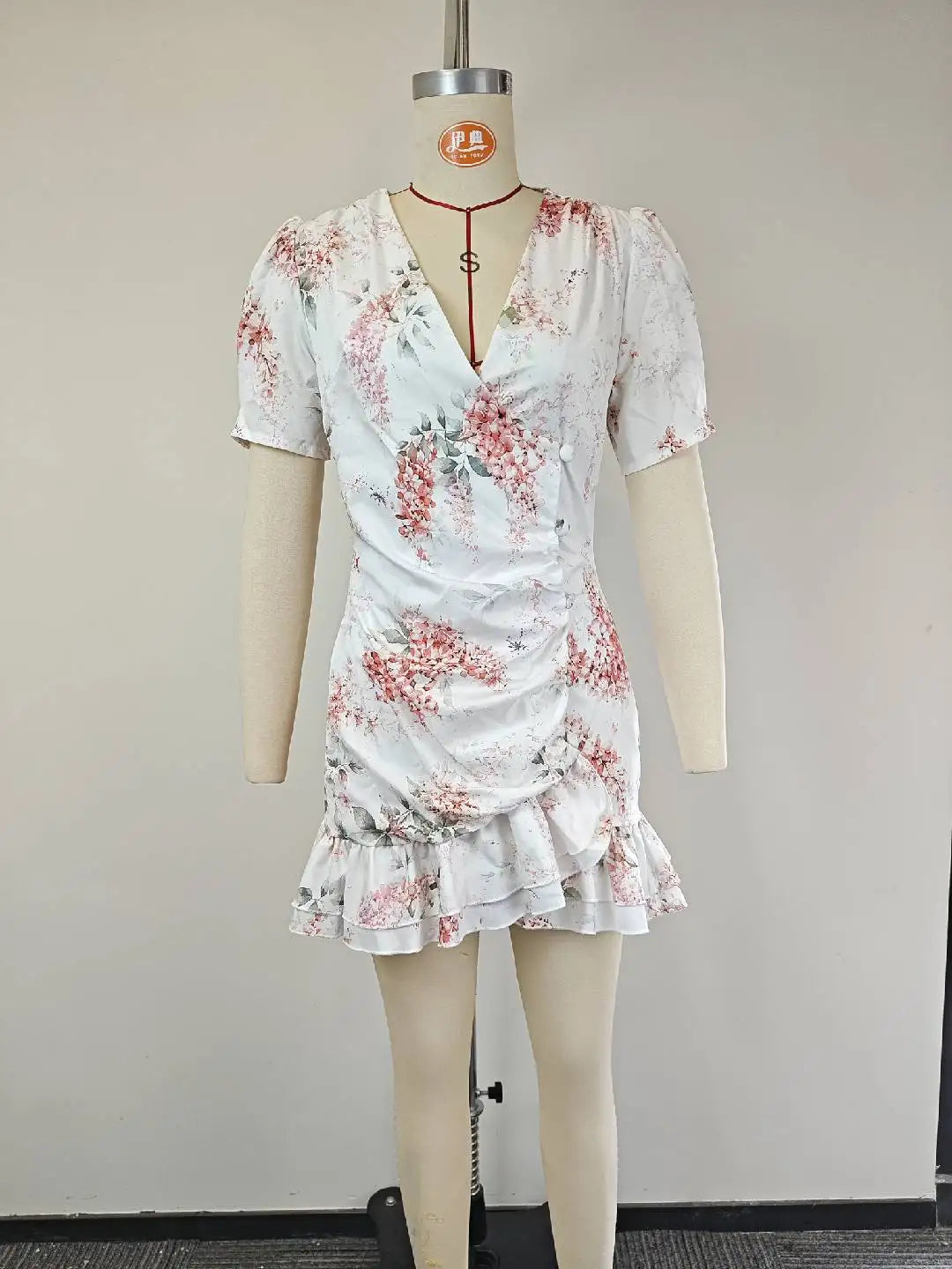 LIZAKOSHT  -  Summer Women Sexy Flora Painted Ruffle Slim Dress Chic Deep V-neck Double Layered Ruffled Hem Dresses Lady New Daily Party Gowns
