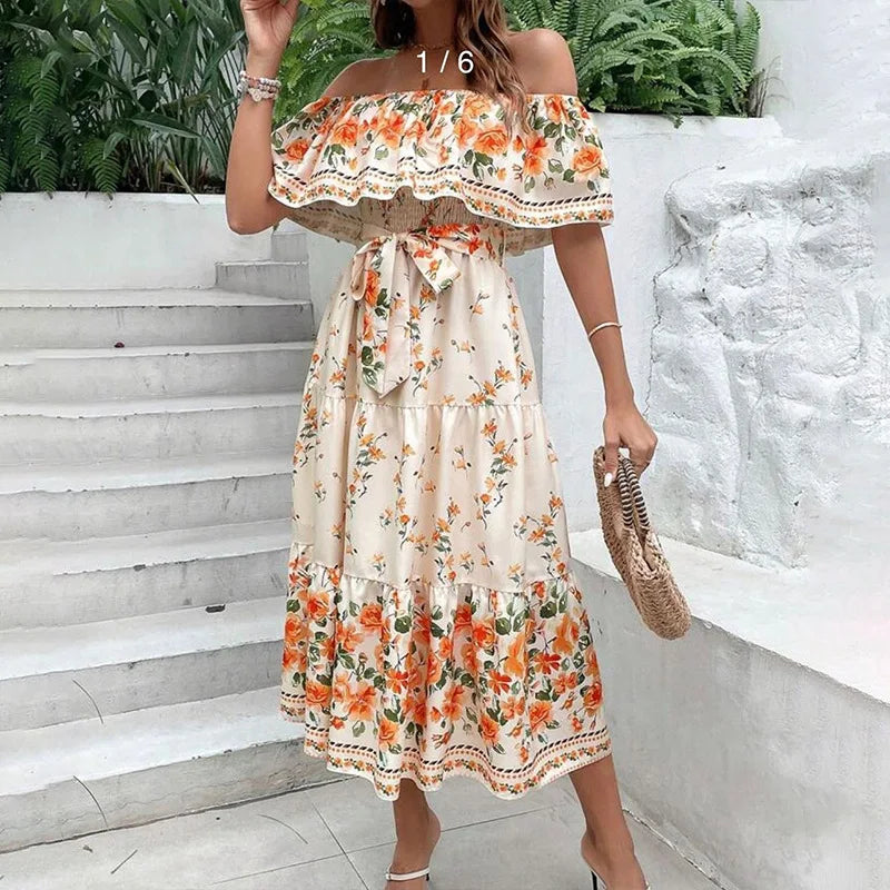 LIZAKOSHT  -  Spring And Summer New Women Clothing Party Dresses Off The Shoulder Fashion Printed Beach Vacation A-Line Long Dresses