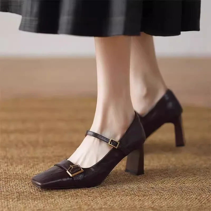 LIZAKOSHT  -  Metal Buckle Decoration Mary Jane Shoes Women Comfortable Leather High Heels Elegant Chunky Heel Women Pumps Zapatos De Mujer