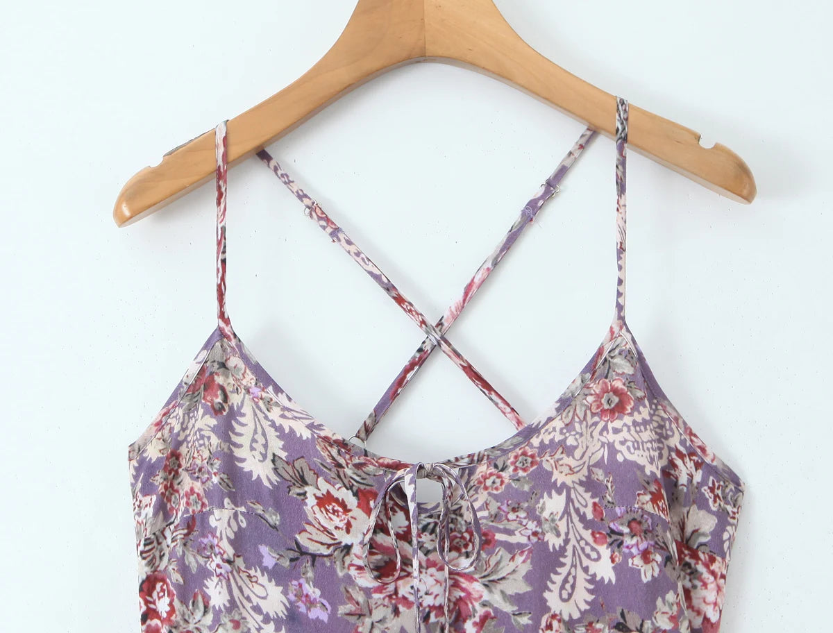 LIZAKOSHT  -  Holiday Purple Paisley Floral Print Sling Dress Women Bow O neck Cross bandage Back Zipper Low Waist Swing Dresses Vestidos Robe