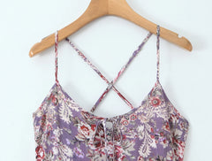 LIZAKOSHT  -  Holiday Purple Paisley Floral Print Sling Dress Women Bow O neck Cross bandage Back Zipper Low Waist Swing Dresses Vestidos Robe