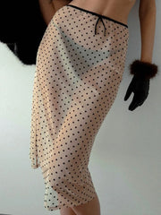 LIZAKOSHT  -  Sexy Polka Dot Print Mesh Skirts Summer Women See-through Midi Skirt Evening Party Club Outfit Ladies Apricot Dress