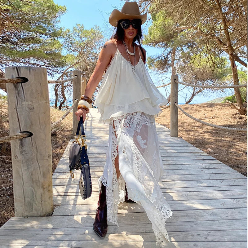 LIZAKOSHT  -  summer Women Loose-fitting Vest Casual Scoop Neck Sweet Spaghetti Strap Chiffon Blouses Ladies Ruffle Hem Flowy Cami Top