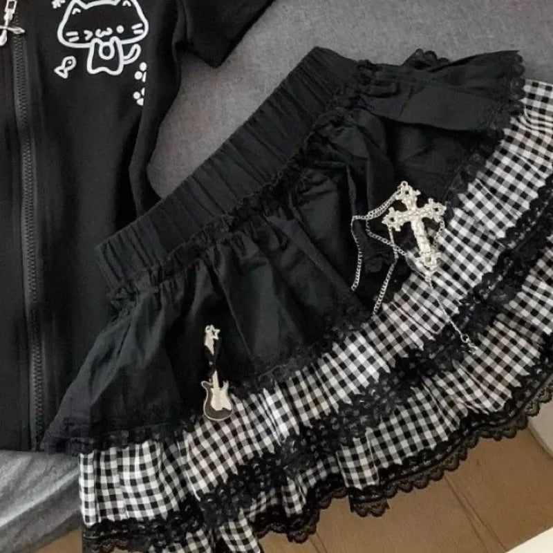 LIZAKOSHT  -  Mini Women's Skirts Japanese Jupe Streetwear Patchwork Lace Plaid Saia Faldas Mujer De Moda A-line Fashion Punk Y2k Skirt