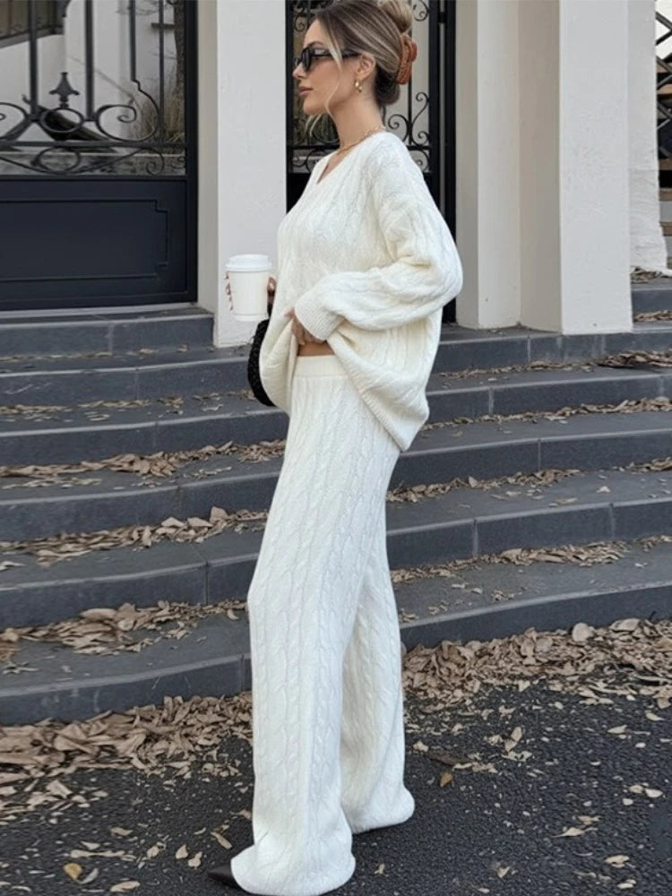 LIZAKOSHT  -  Casual Ribbed 2 Piece-Set Trousers Sets Women Solid Loose V-Neck Top And High Waist Wide-Leg Pants Sets New Female Outfits