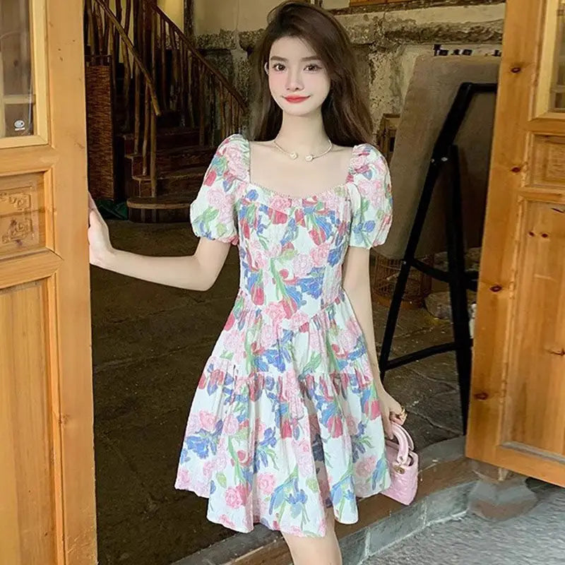 LIZAKOSHT  -  Vestidos Mujer Print Floral Puff Sleeve Spring Summer Mini Dresses Sweet Vintage Korean Fashion Elegant Woman Dress