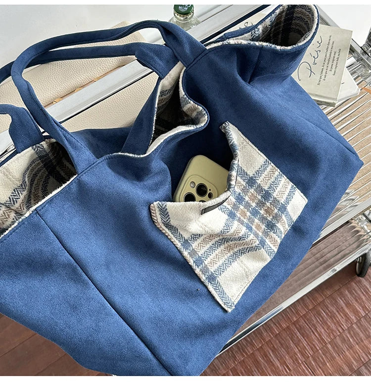LIZAKOSHT  -  Autumn and Winter Woolen Plaid Shoulder Bag Double Sided Use Handbag Large Capacity Tote Bags For Women