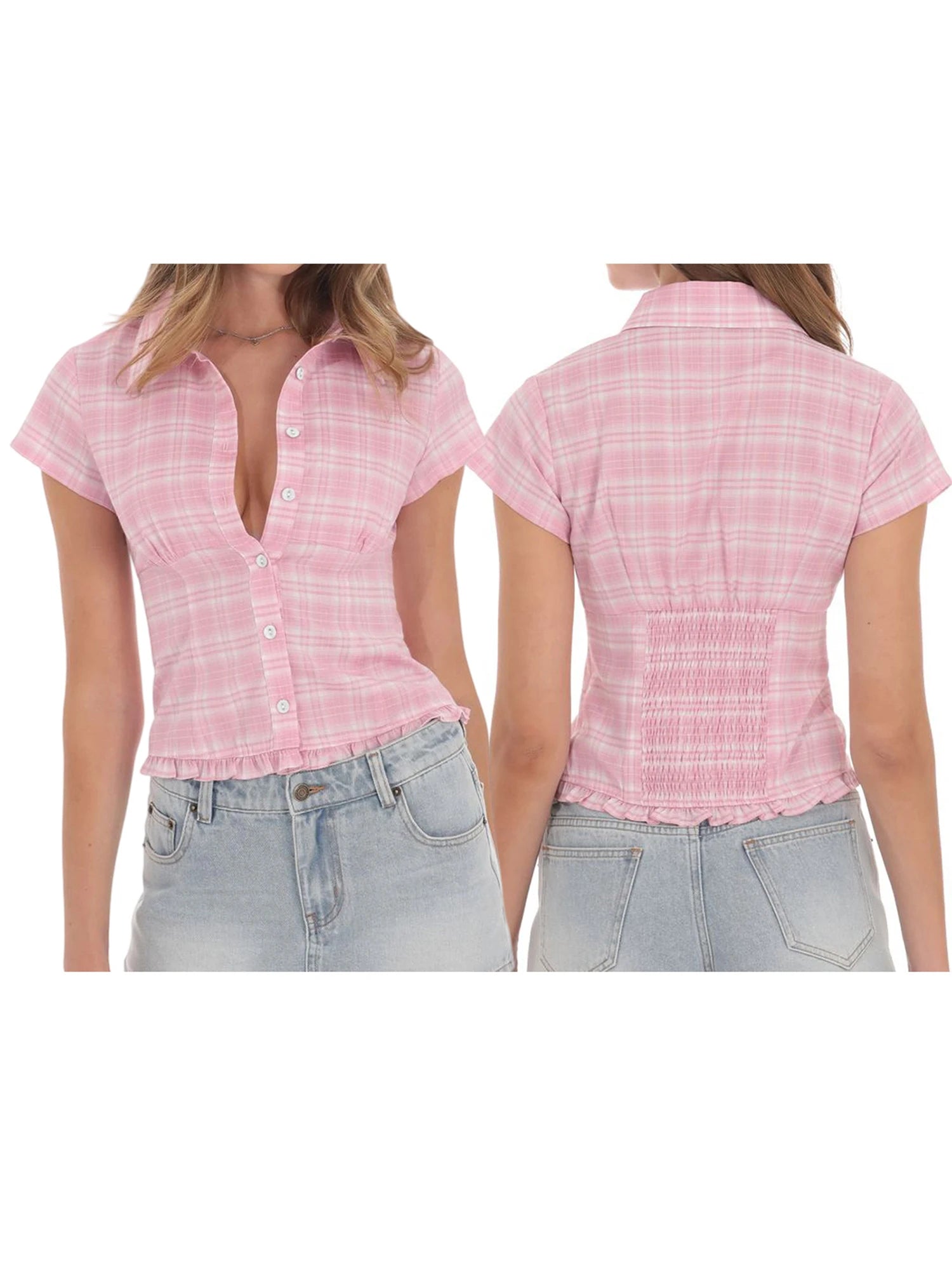 LIZAKOSHT  -  Women s Blouse Casual Short Sleeve Checkered Striped Shirt with Button Closure  Fit Summer Top for Street Style Fashion