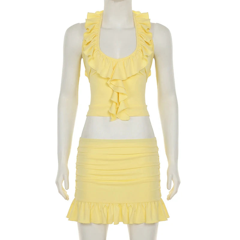 LIZAKOSHT  -  Yellow Layered Ruffles Skirt Set Women's Sexy Slim Fit Floral Edge Backless Halter Top Set 2025 Summer Vacation Street Outfit