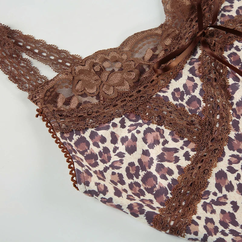 LIZAKOSHT  -  Sexy Leopard Print Patchwork Lace Vest Sleeveless Streetwear Aesthetic Camis Harajuku Slim 2000s Tops Grunge Fairycore